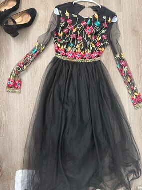 Black Floral Embroidered Long-Sleeve Tulle Dress